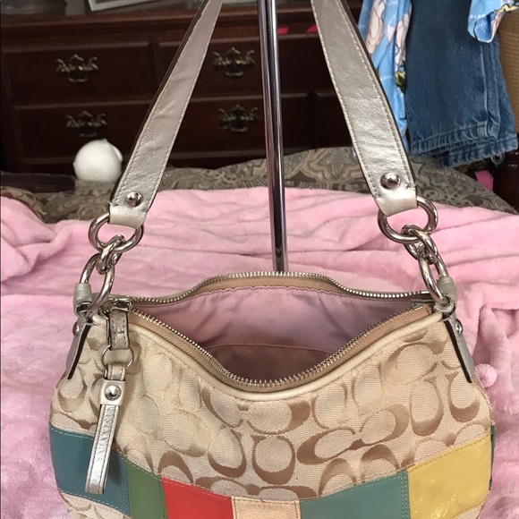 Coach tan signature C with patent leather multi colored stripes hobo bag - Picture 4 of 7